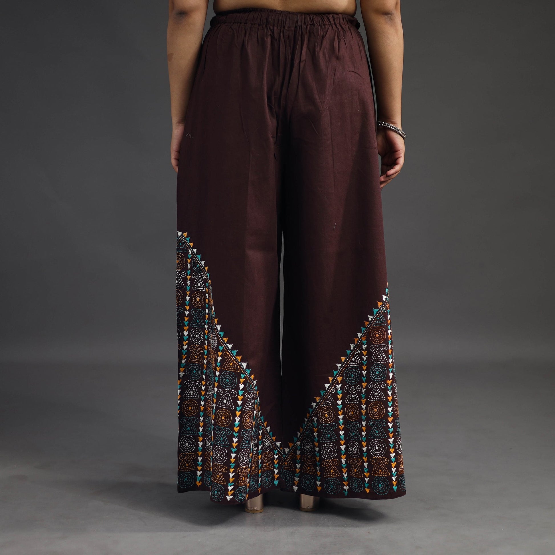 Brown - Kantha Hand Embroidery Palazzo in Cotton 74
