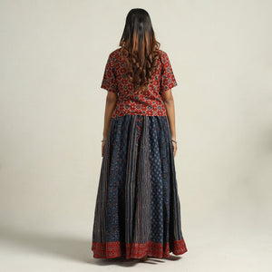 Blue - Ajrakh Block Printed 24 Kali Patchwork Cotton Long Skirt 39
