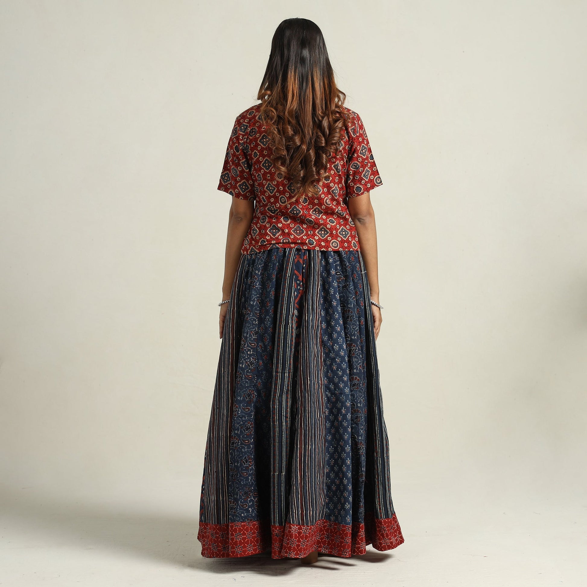 Blue - Ajrakh Block Printed 24 Kali Patchwork Cotton Long Skirt 39