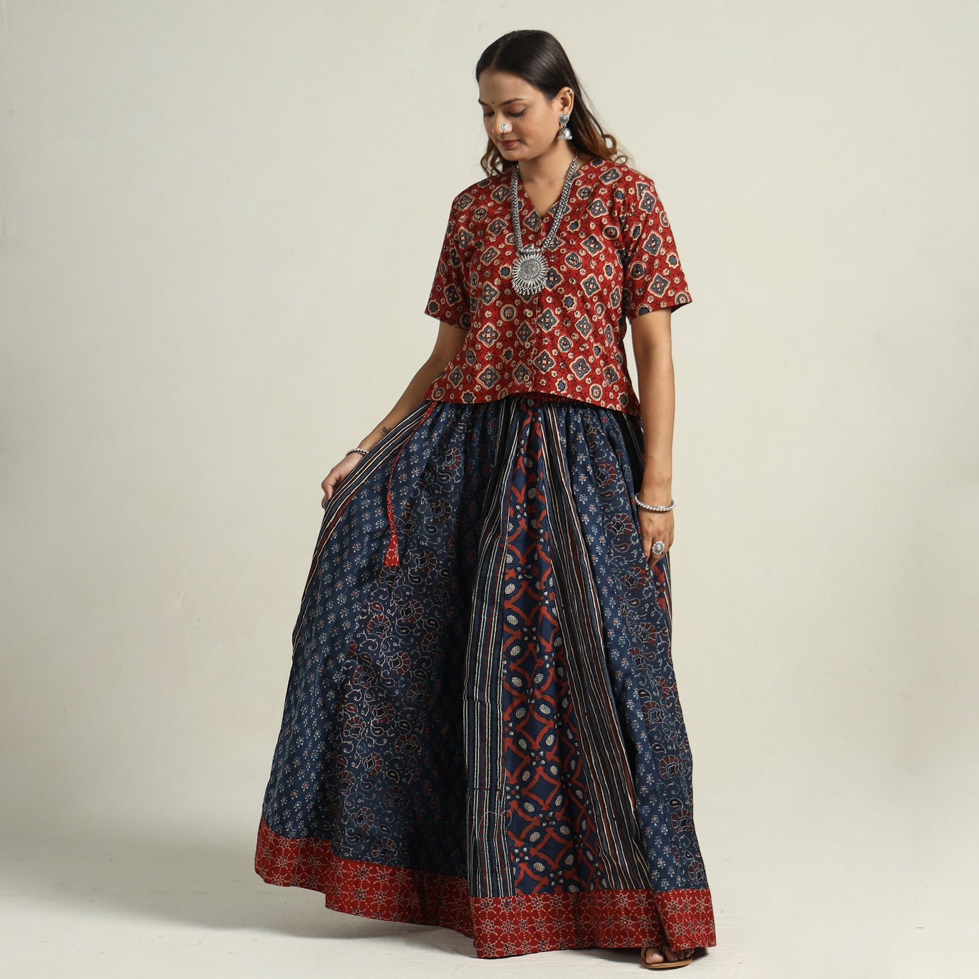 Blue - Ajrakh Block Printed 24 Kali Patchwork Cotton Long Skirt 39