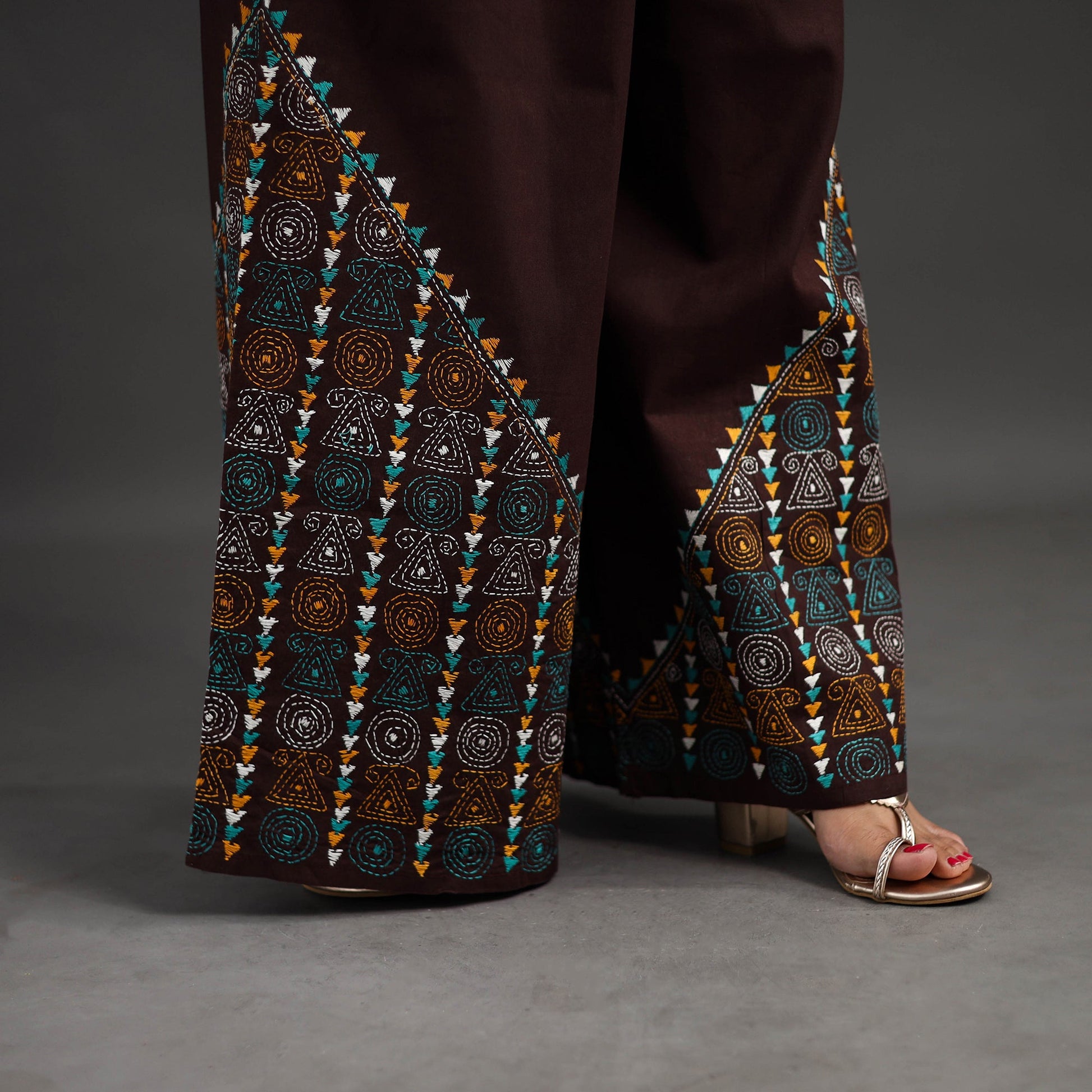Brown - Kantha Hand Embroidery Palazzo in Cotton 74