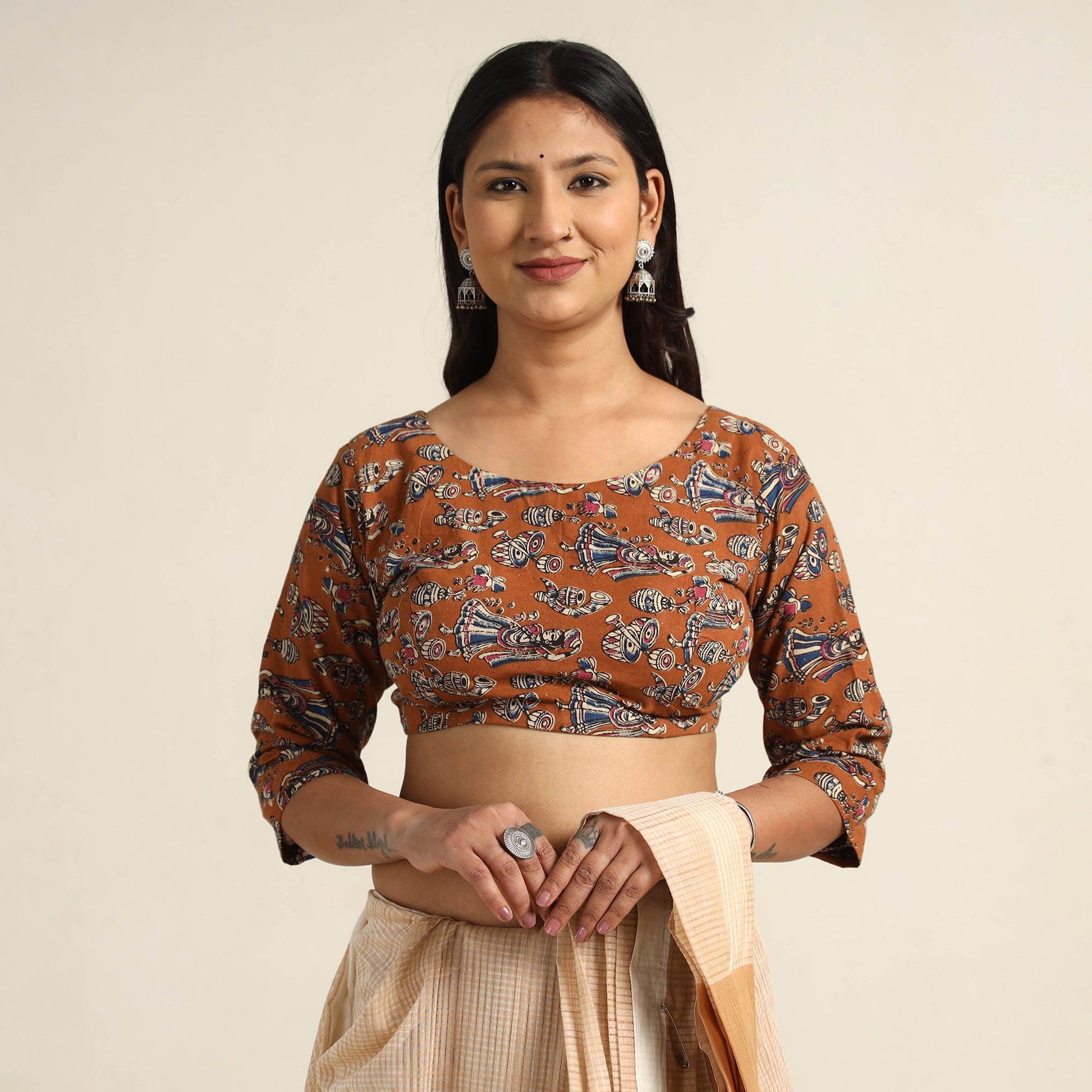 Brown - Kalamkari Printed Cotton Stitched Blouse 09