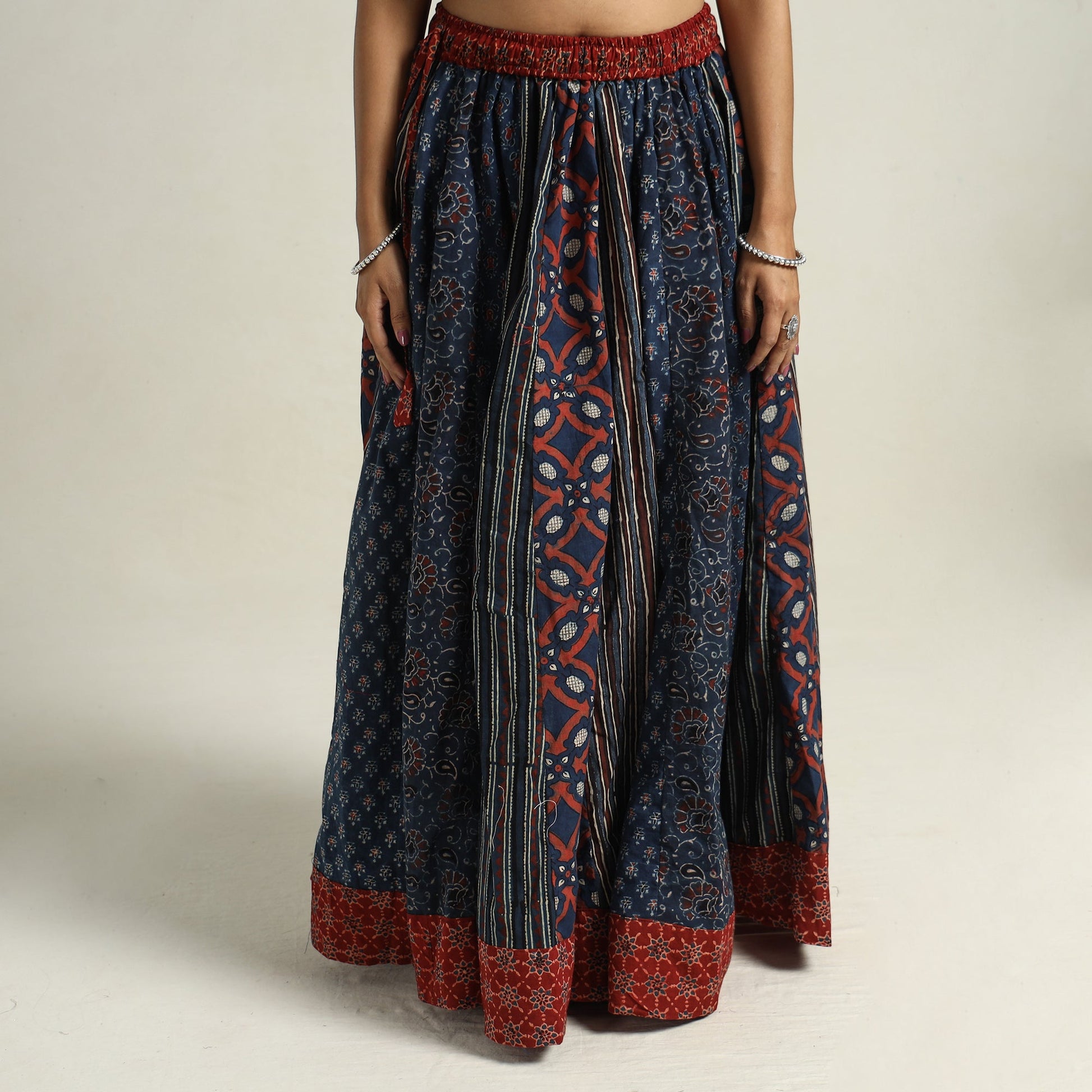 Blue - Ajrakh Block Printed 24 Kali Patchwork Cotton Long Skirt 39