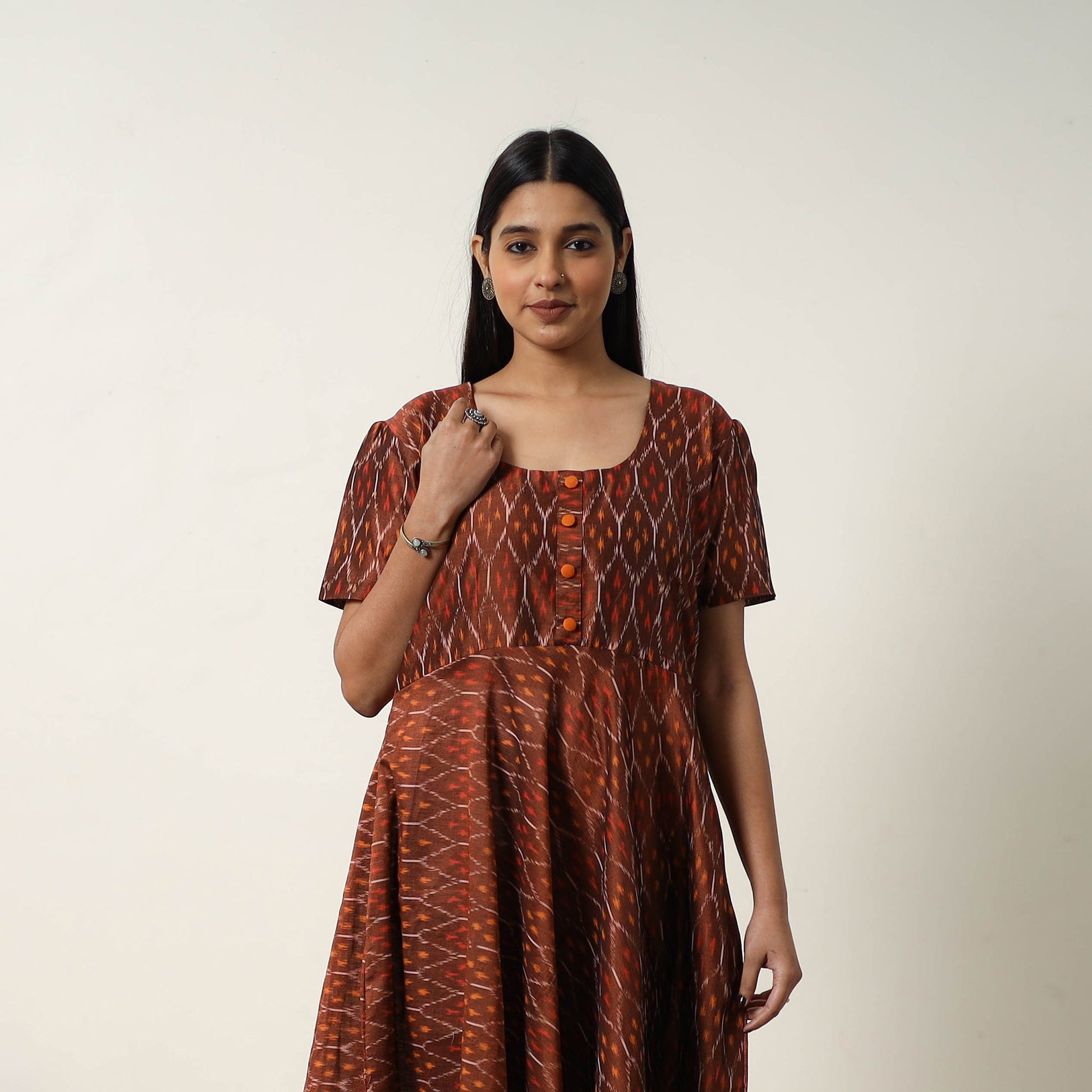 Brown - Mercerized Cotton Flared Pochampally Ikat Dress 14