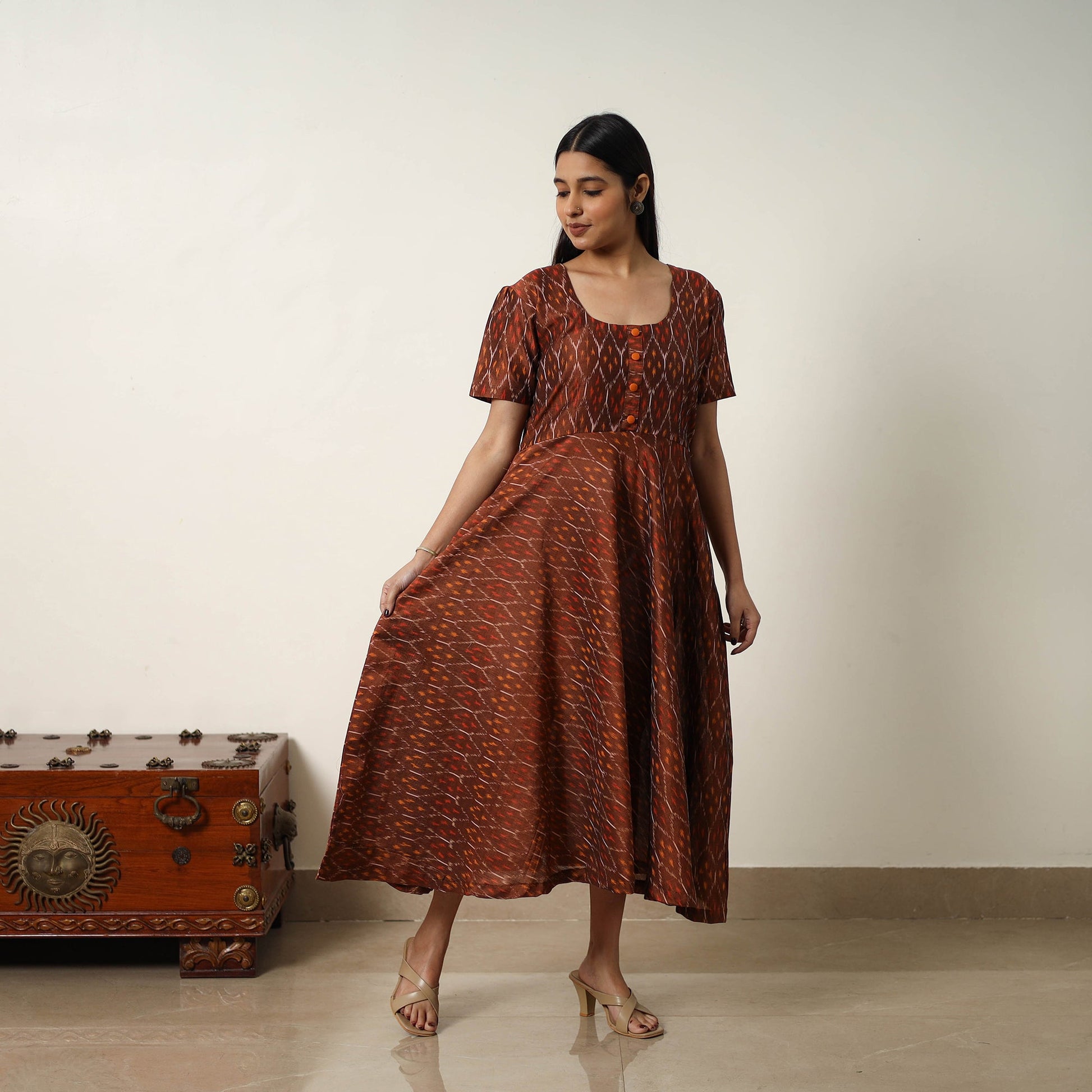 Brown - Mercerized Cotton Flared Pochampally Ikat Dress 14