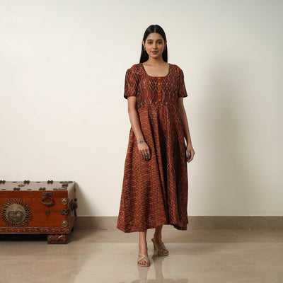 Brown - Mercerized Cotton Flared Pochampally Ikat Dress 14