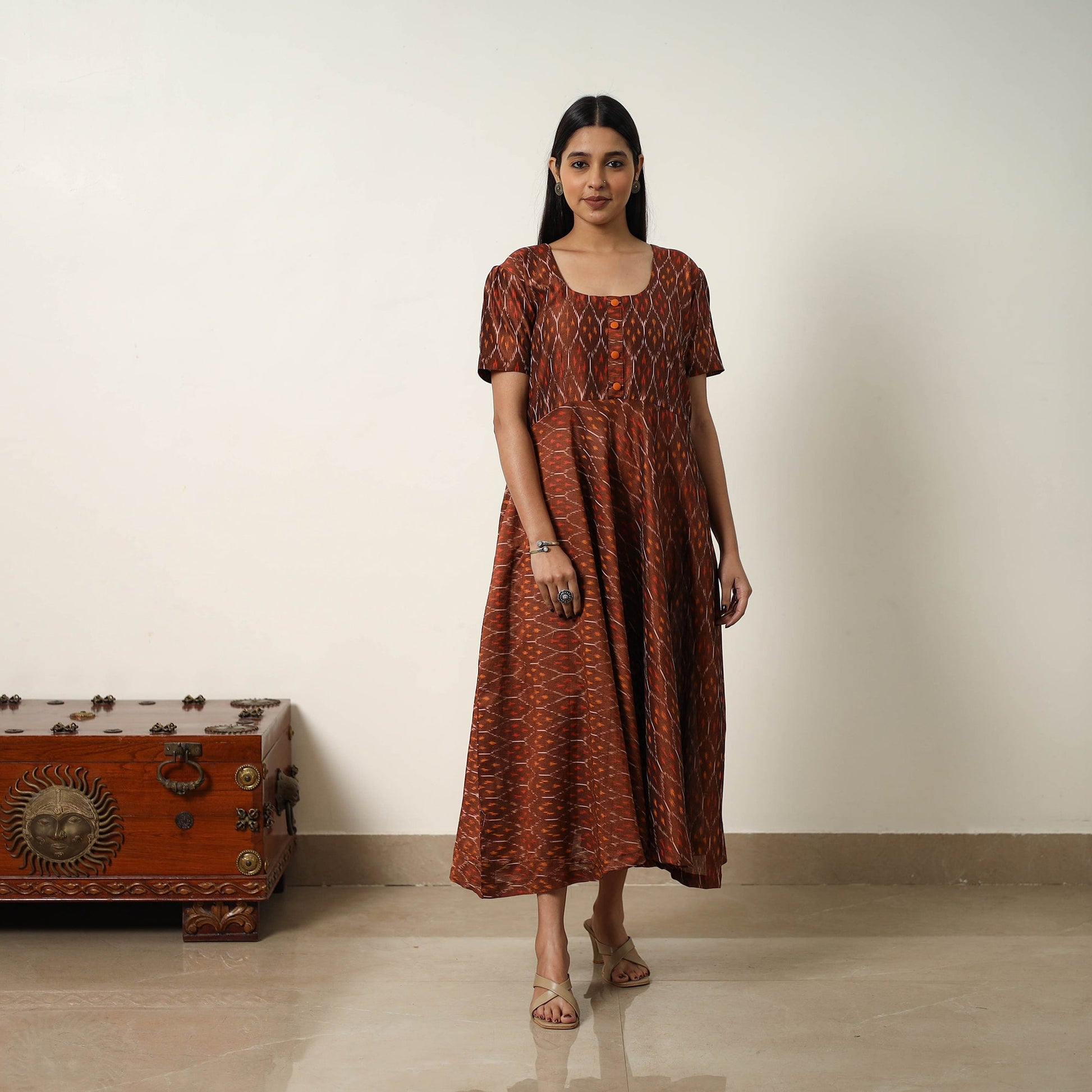 Brown - Mercerized Cotton Flared Pochampally Ikat Dress 14