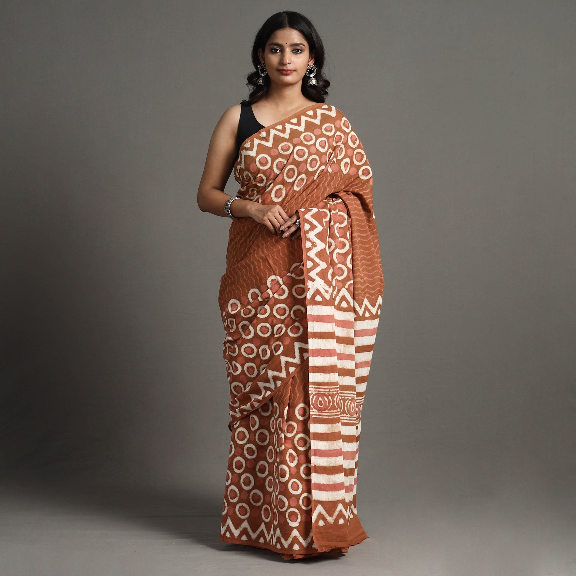 Brown - Bagru Dabu Block Printed Mul Cotton Saree