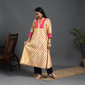 Beige - Chanderi Silk A-Line Patchwork Tie-Dye Leheriya Kurta 05