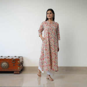 Brown - Sanganeri Block Printed Cotton A-Line Long Kurta