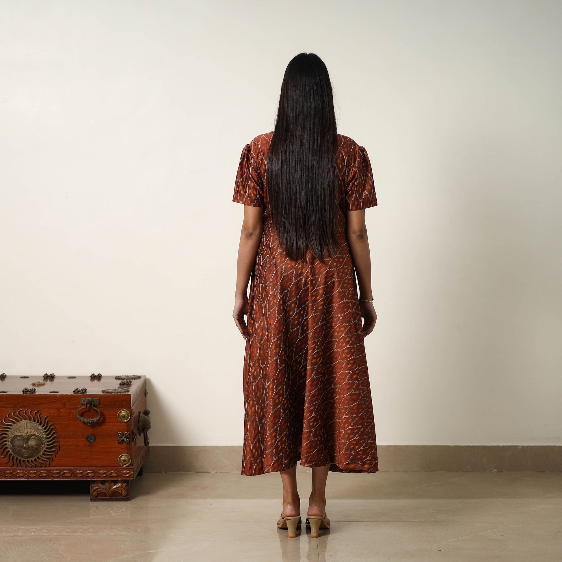 Brown - Mercerized Cotton Flared Pochampally Ikat Dress 14
