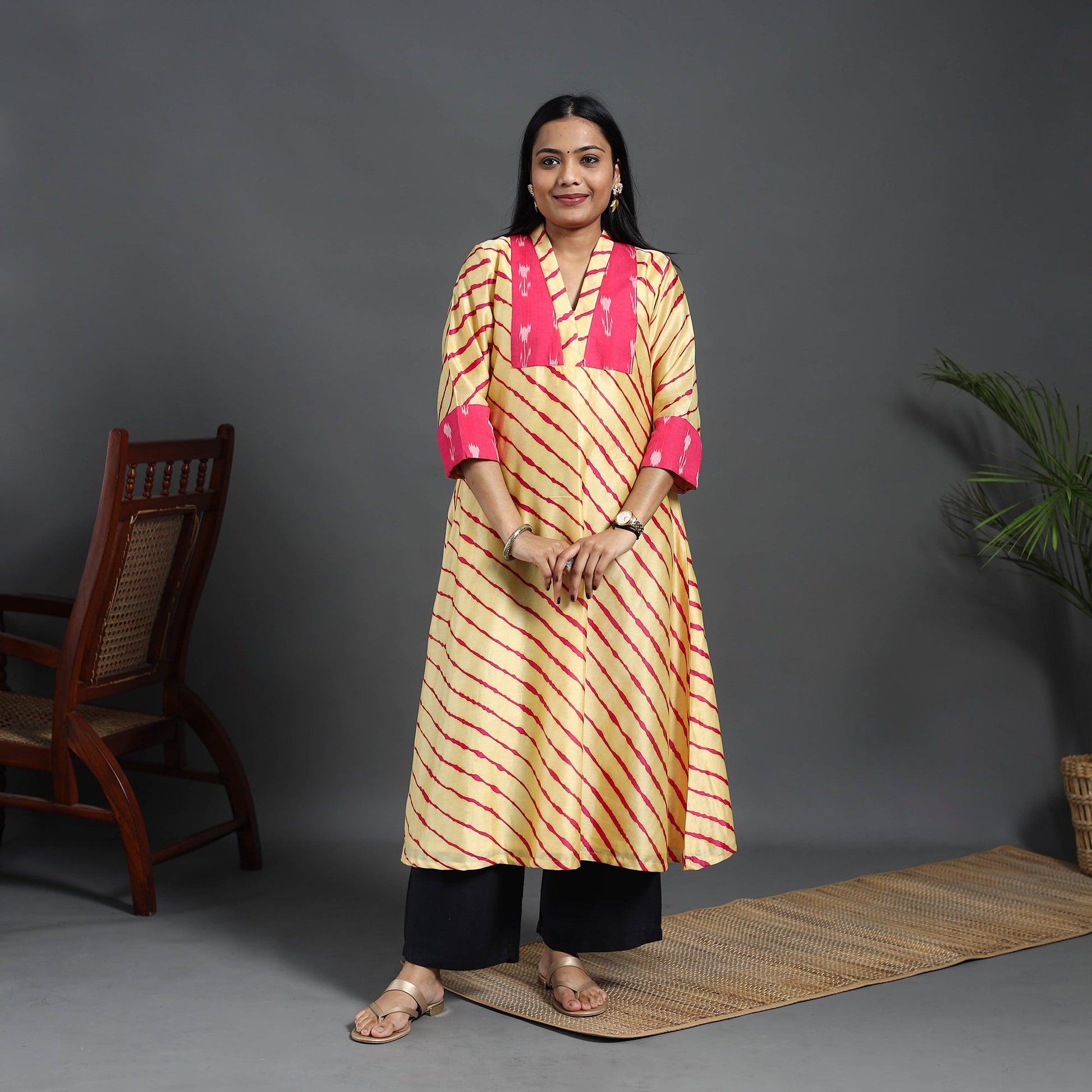 Beige - Chanderi Silk A-Line Patchwork Tie-Dye Leheriya Kurta 05