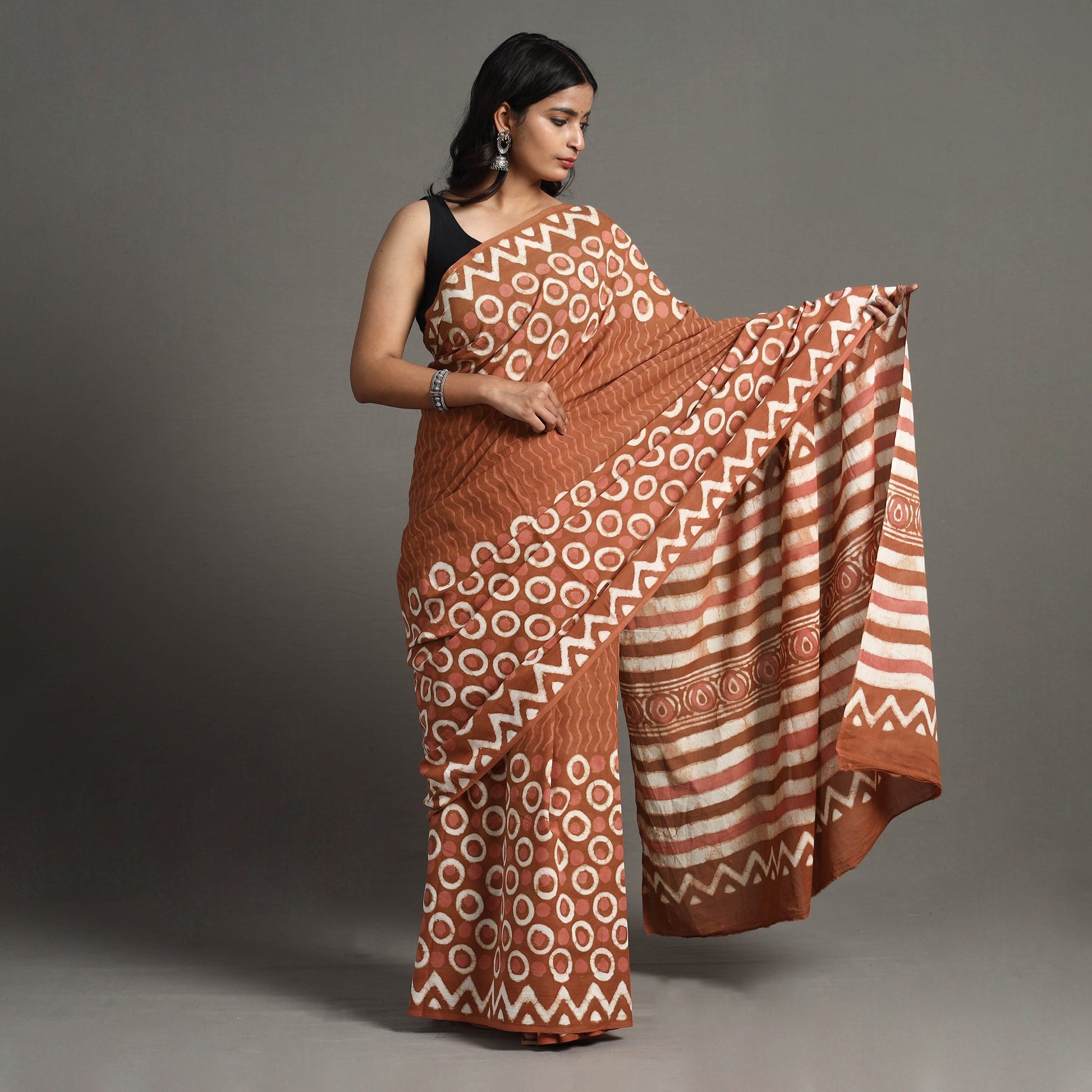 Brown - Bagru Dabu Block Printed Mul Cotton Saree