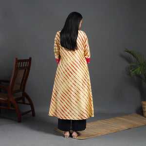 Beige - Chanderi Silk A-Line Patchwork Tie-Dye Leheriya Kurta 05