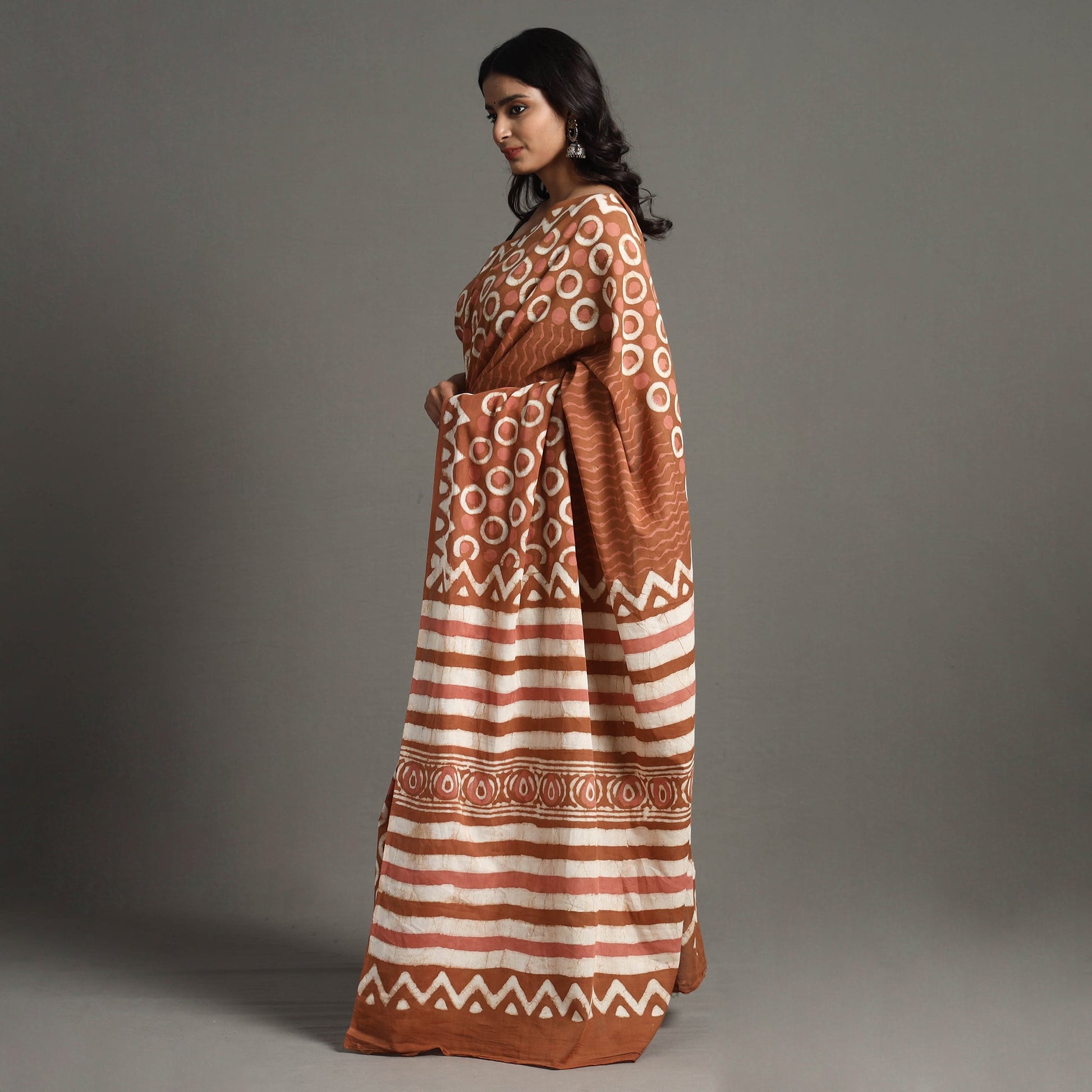 Brown - Bagru Dabu Block Printed Mul Cotton Saree