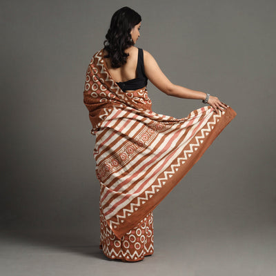 Brown - Bagru Dabu Block Printed Mul Cotton Saree