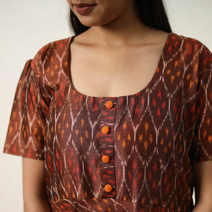 Brown - Mercerized Cotton Flared Pochampally Ikat Dress 14