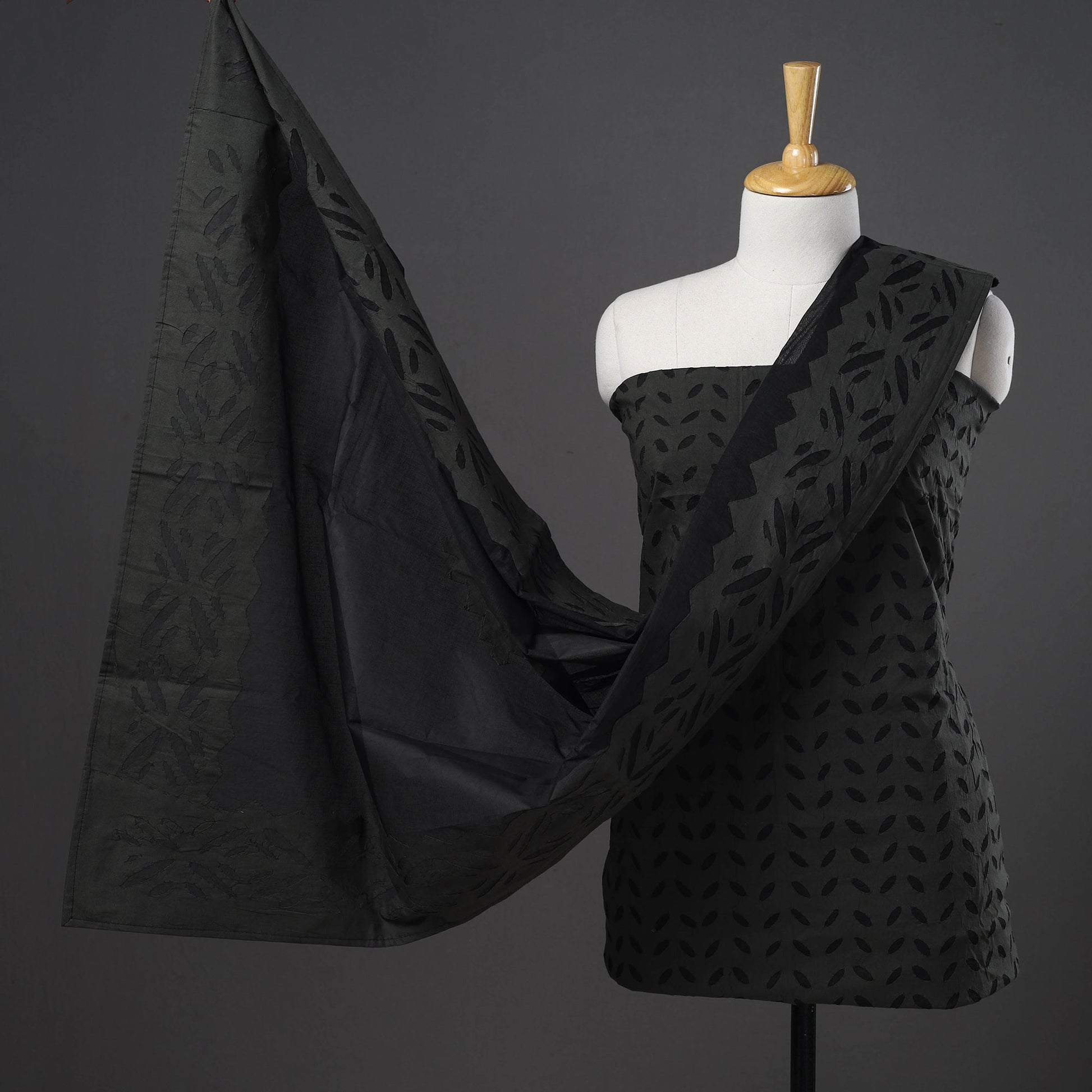 Black - 3pc Cut Work Cotton Barmer Applique Dress Material 02