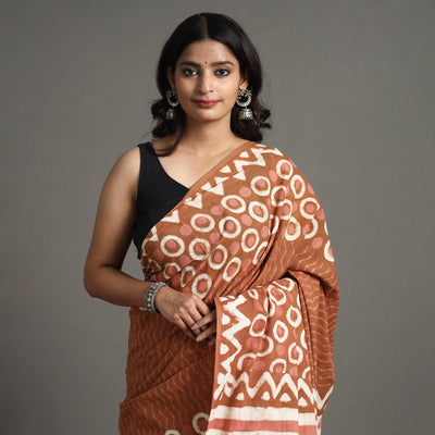 Brown - Bagru Dabu Block Printed Mul Cotton Saree