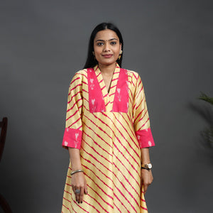 Beige - Chanderi Silk A-Line Patchwork Tie-Dye Leheriya Kurta 05
