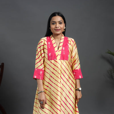 Beige - Chanderi Silk A-Line Patchwork Tie-Dye Leheriya Kurta 05