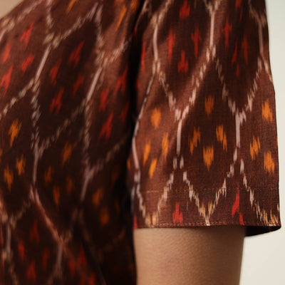 Brown - Mercerized Cotton Flared Pochampally Ikat Dress 14