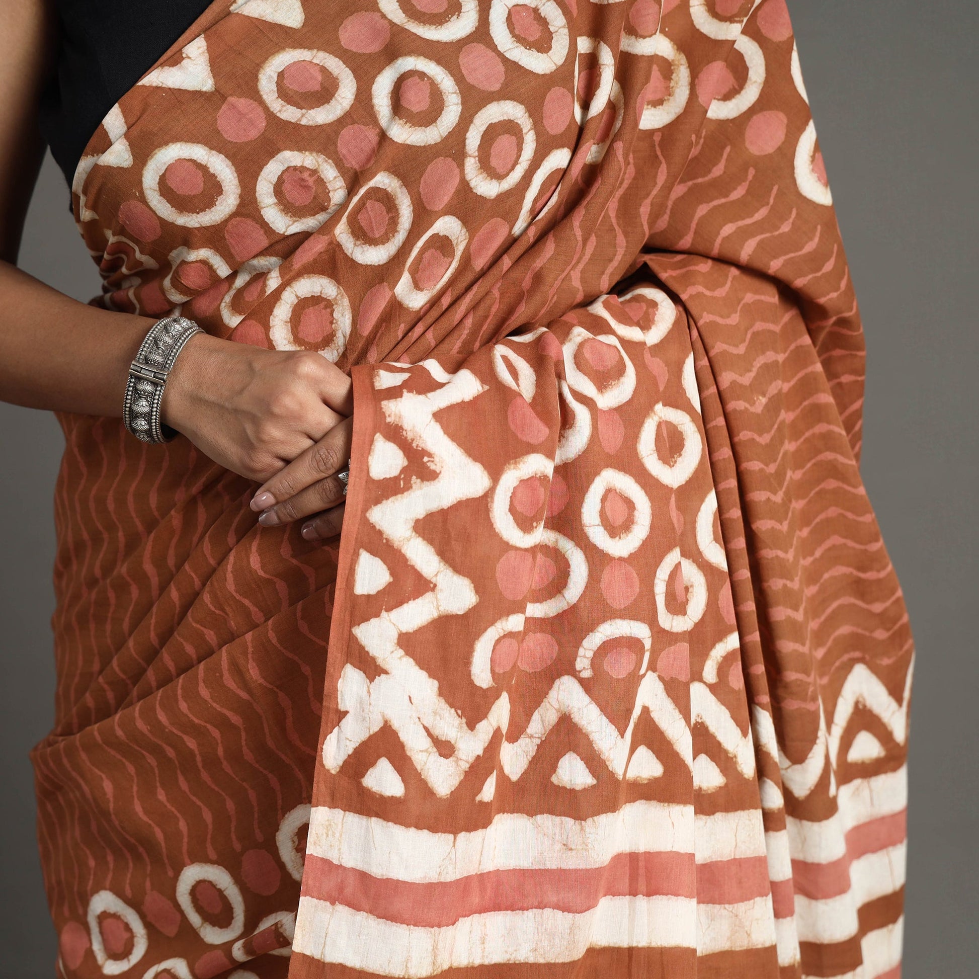 Brown - Bagru Dabu Block Printed Mul Cotton Saree
