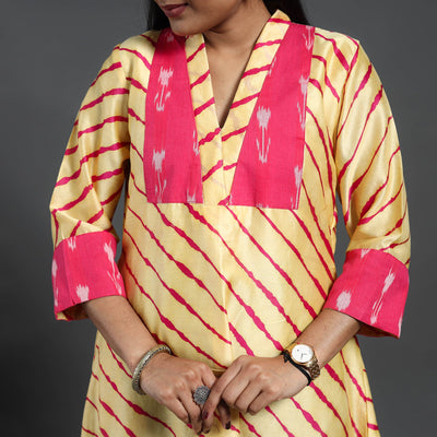 Beige - Chanderi Silk A-Line Patchwork Tie-Dye Leheriya Kurta 05