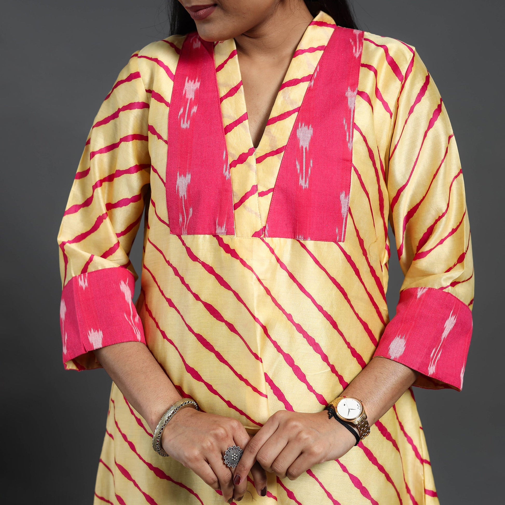 Beige - Chanderi Silk A-Line Patchwork Tie-Dye Leheriya Kurta 05