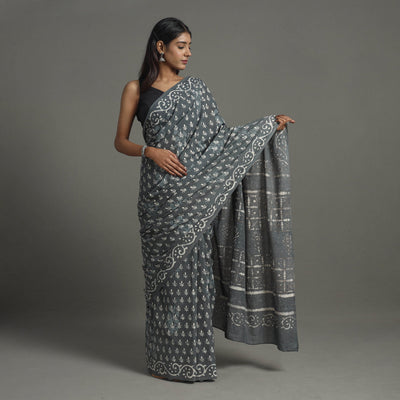 Grey - Natural Dyed Cotton Bagru Print Saree 03