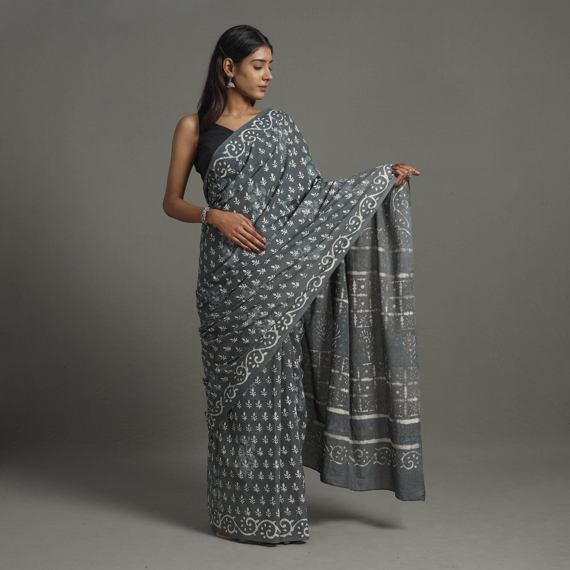 Grey - Natural Dyed Cotton Bagru Print Saree 03