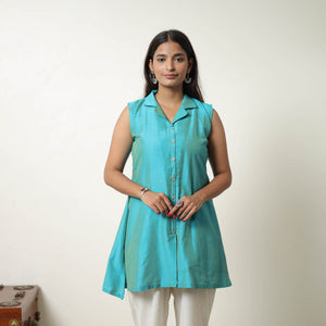 Afreen Blue Slub Silk Short Plain Kurta