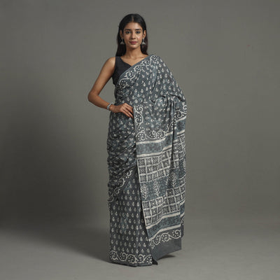 Grey - Natural Dyed Cotton Bagru Print Saree 03