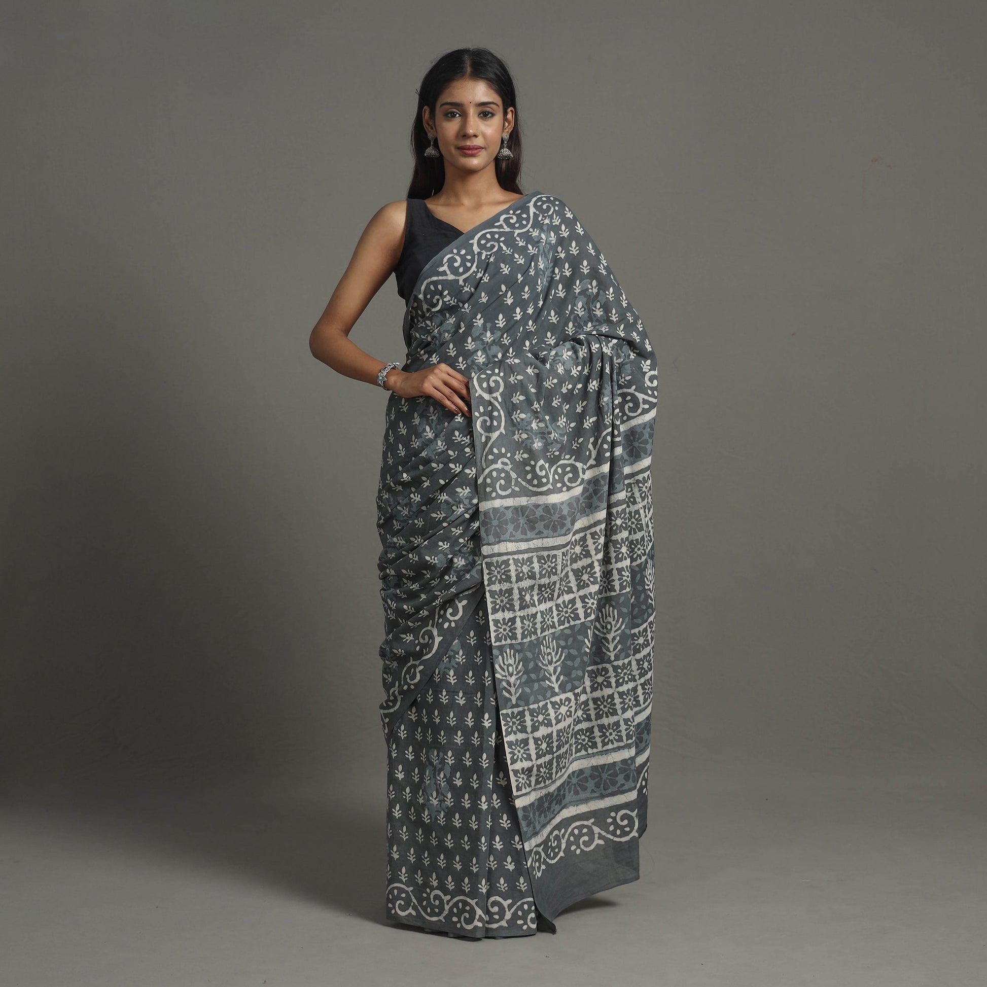 Grey - Natural Dyed Cotton Bagru Print Saree 03