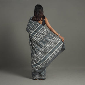 Grey - Natural Dyed Cotton Bagru Print Saree 03