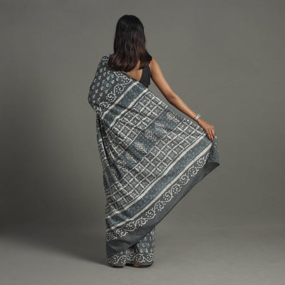 Grey - Natural Dyed Cotton Bagru Print Saree 03