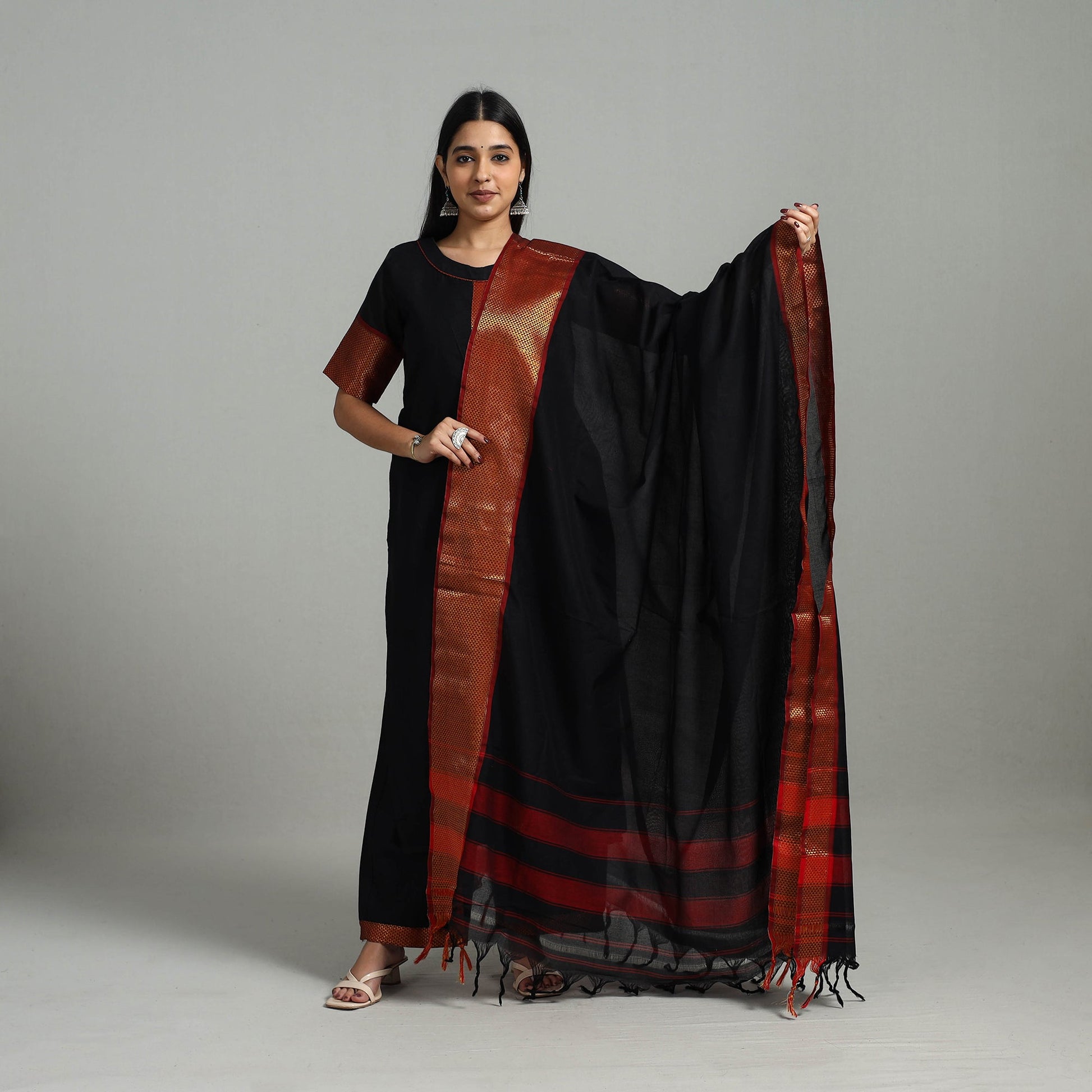 Black - Cotton Dharwad Kurta Set with Palazzo & Dupatta 07