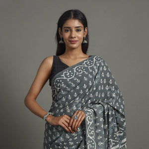 Grey - Natural Dyed Cotton Bagru Print Saree 03