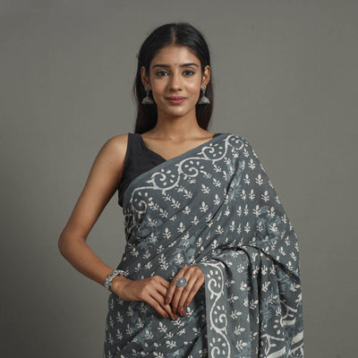 Grey - Natural Dyed Cotton Bagru Print Saree 03