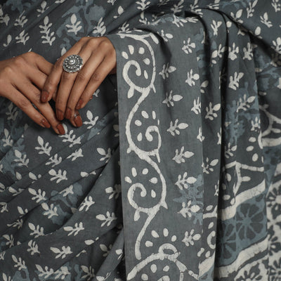 Grey - Natural Dyed Cotton Bagru Print Saree 03