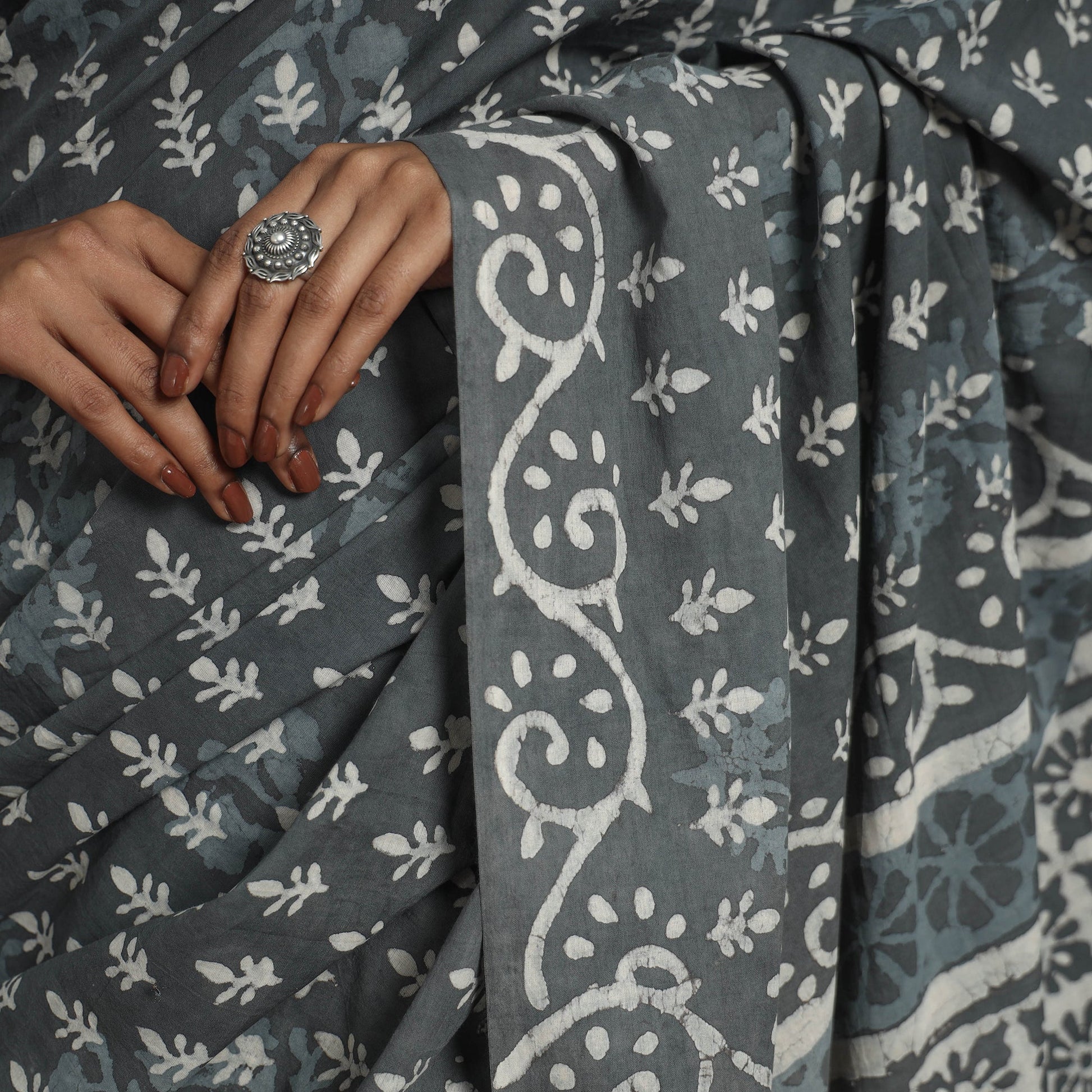 Grey - Natural Dyed Cotton Bagru Print Saree 03