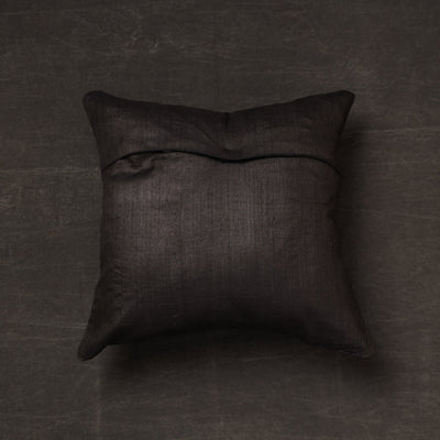 Black - Bengal Kantha Embroidery Tussar Silk Cushion Cover (16 x 16 in) 16