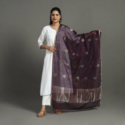 Brown - Handloom Silk Cotton Zari Buta Chanderi Dupatta 27