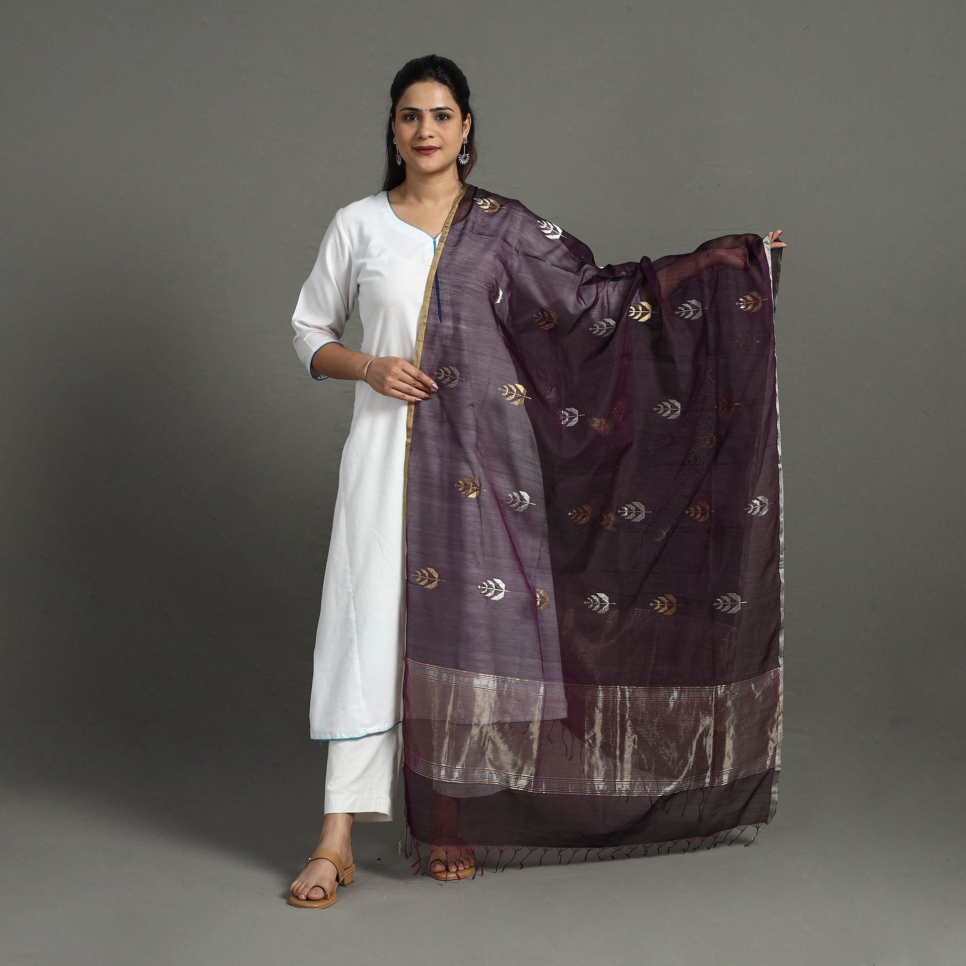 Brown - Handloom Silk Cotton Zari Buta Chanderi Dupatta 27