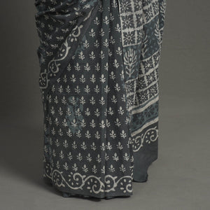 Grey - Natural Dyed Cotton Bagru Print Saree 03