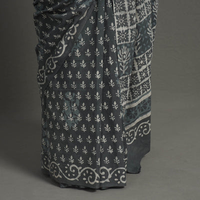 Grey - Natural Dyed Cotton Bagru Print Saree 03