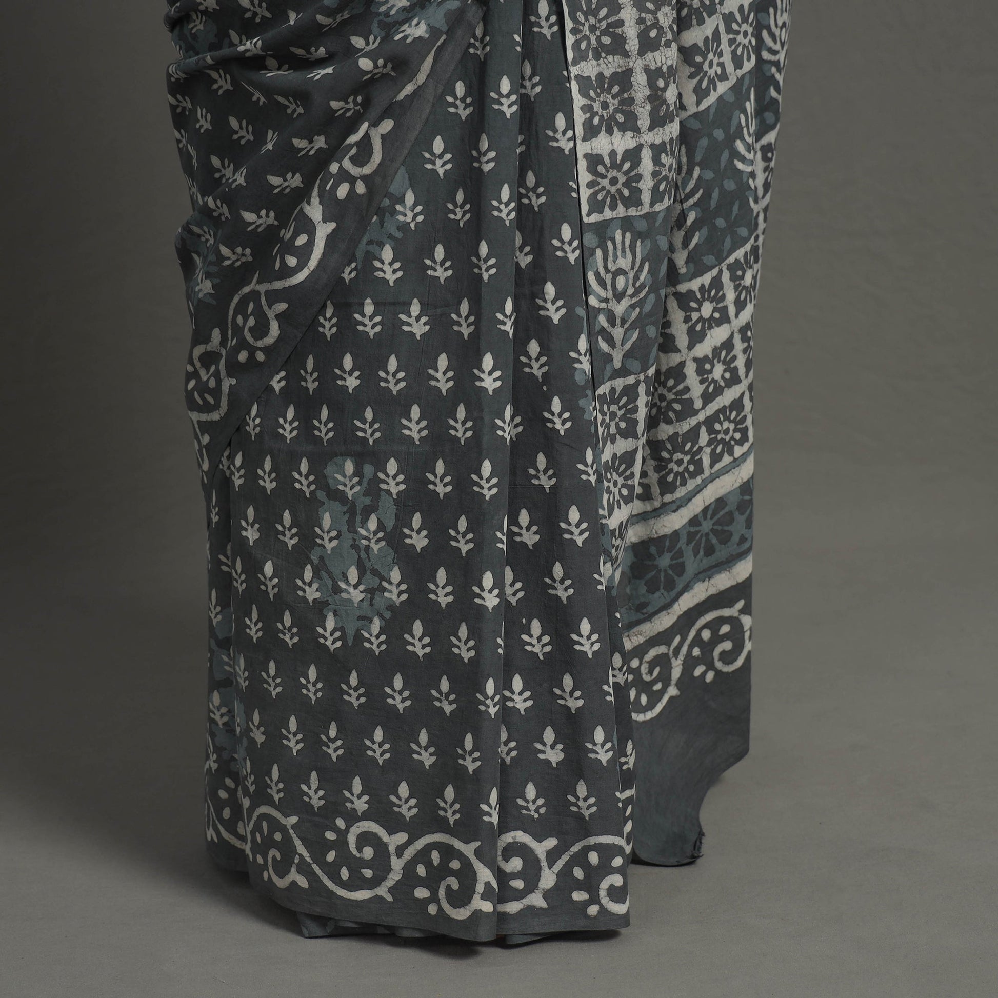 Grey - Natural Dyed Cotton Bagru Print Saree 03