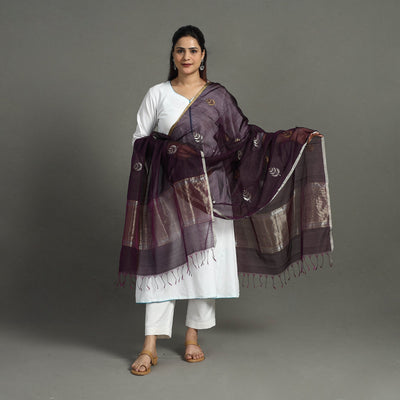 Brown - Handloom Silk Cotton Zari Buta Chanderi Dupatta 27