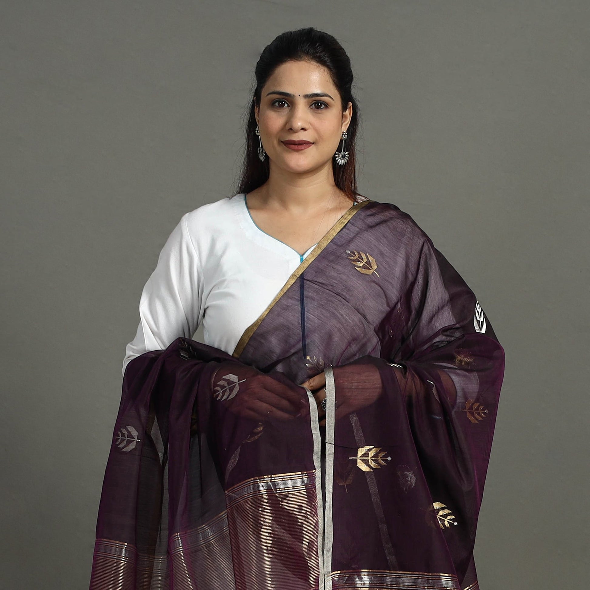 Brown - Handloom Silk Cotton Zari Buta Chanderi Dupatta 27