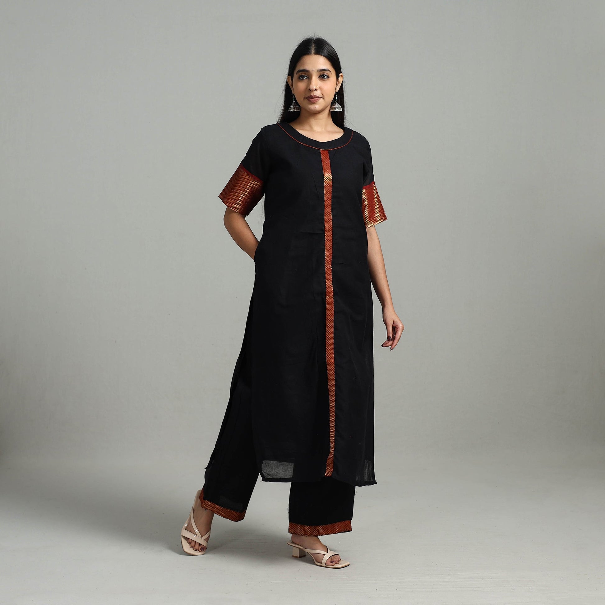 Black - Cotton Dharwad Kurta Set with Palazzo & Dupatta 07